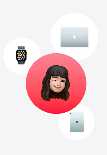 Apple Watch, MacBook, iPad, Memoji rodeado de un círculo rojo.