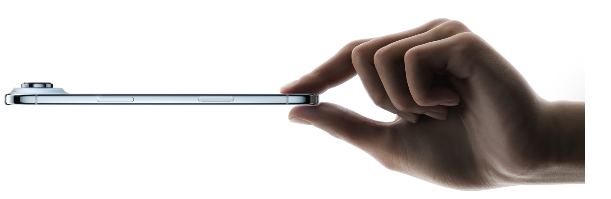 A thumb and forefinger holding iPhone Air, side exterior, Sky Blue colour, thin profile, Fusion camera system, buttons: side, Camera Control