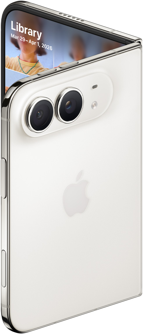 iPhone Duo, Star White colour, slightly open, back exterior, 48MP Dual Fusion rear cameras in top corner, two lenses, microphone, flash